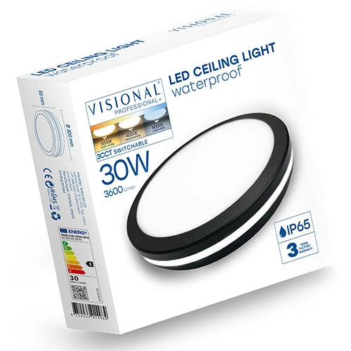 LED-plafond | Ø30cm | 30W | 3CCT | 3600lm | IP65 | svart