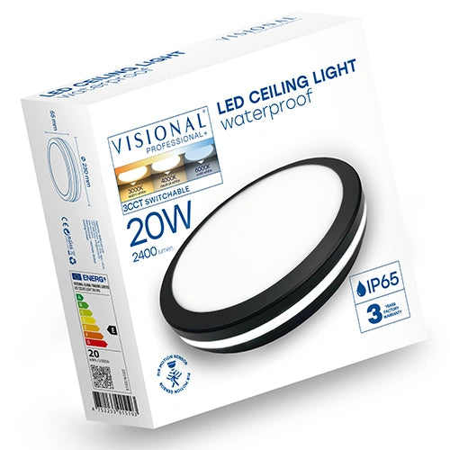 LED-plafond med rörelsesensor | Ø23cm | 20W | 3CCT | 2400lm | IP65 | svart