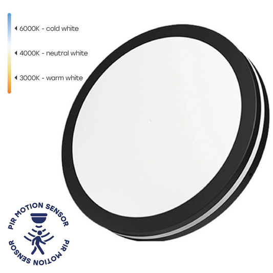 LED-plafond med rörelsesensor | Ø23cm | 20W | 3CCT | 2400lm | IP65 | svart
