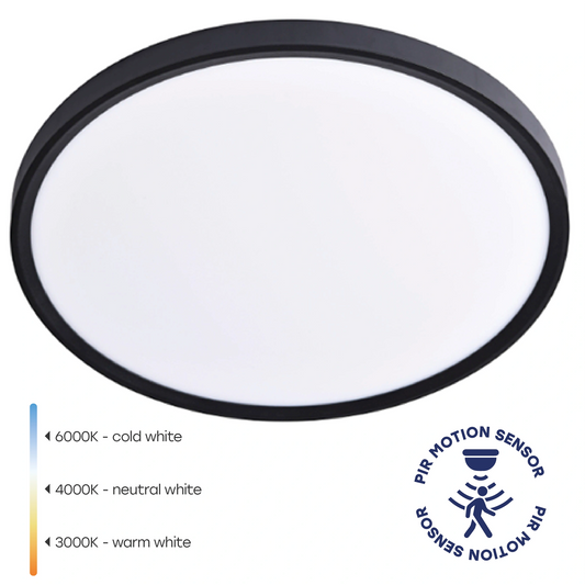 LED-plafond SLIM med rörelsesensor | Ø30cm | 24W | 3CCT | 2880lm | IP44 | svart