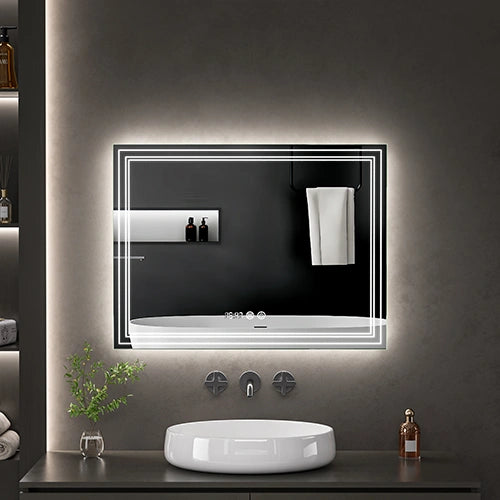 TESORO | Spegel med LED-belysning, värme med imskyddsfunktion och digital klocka | 60x80cm