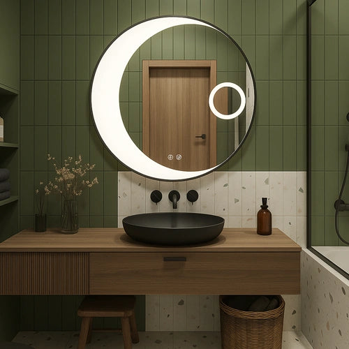 LUNARIA | Spegel med LED-belysning, värme med imskyddsfunktion och förstoringsglas | Ø80cm