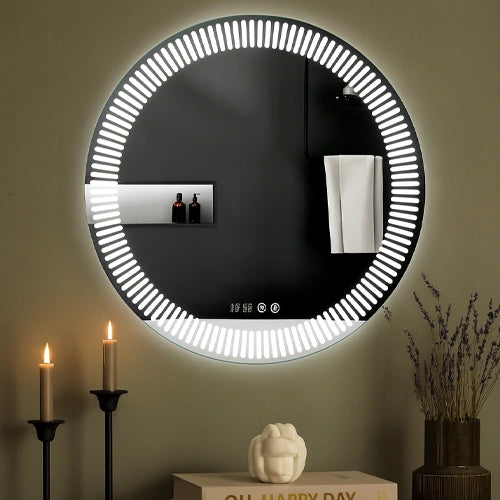 STELLARA | Spegel med LED-belysning, värme med imskyddsfunktion och digital klocka | Ø80cm