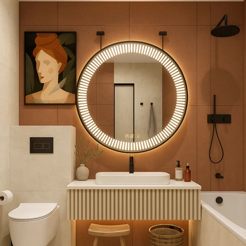 STELLARA | Spegel med LED-belysning, värme med imskyddsfunktion och digital klocka | Ø80cm