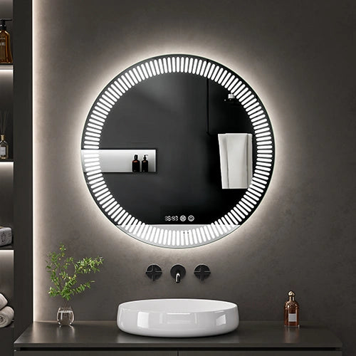 STELLARA | Spegel med LED-belysning, värme med imskyddsfunktion och digital klocka | Ø80cm