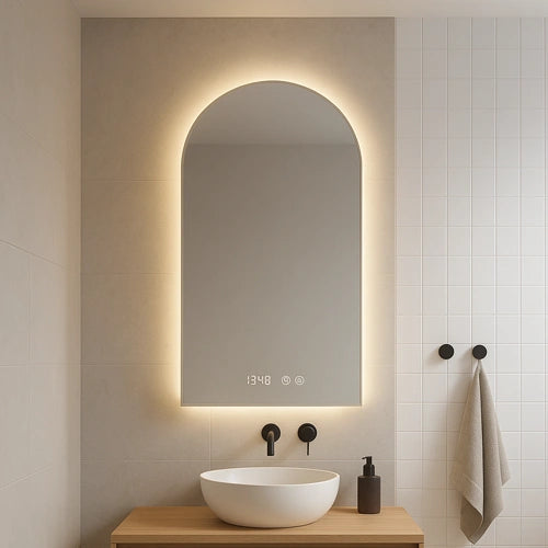 DIAMIRA | Spegel med LED-belysning, värme med imskyddsfunktion och digital klocka | 90x90cm