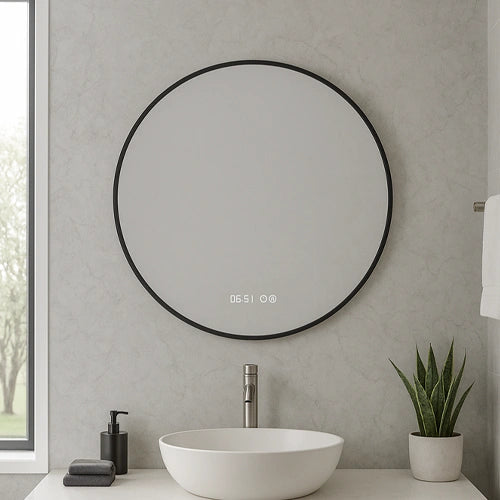 OMBRA | Spegel med LED-belysning, värme med imskyddsfunktion och digital klocka | Ø80cm