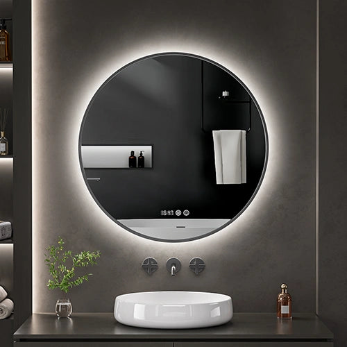 OMBRA | Spegel med LED-belysning, värme med imskyddsfunktion och digital klocka | Ø80cm